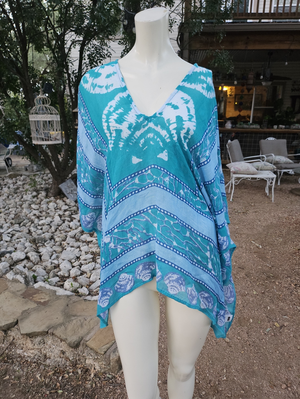 New W Tag Mud Pie Turquoise Blue V-Neck Sea Breeze Poncho Linen Swim Cover-Up OS